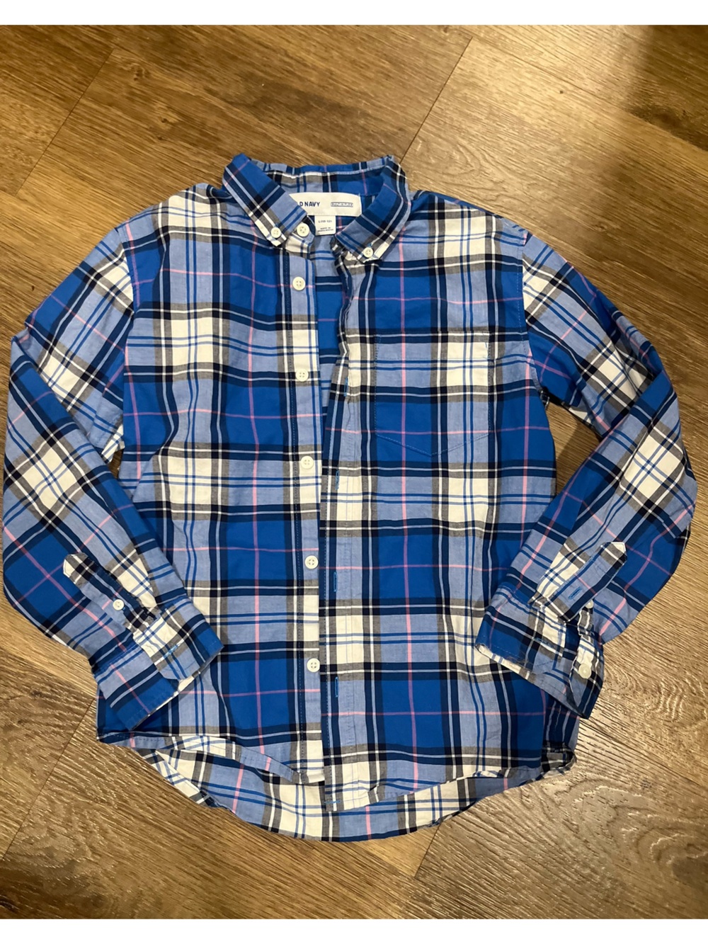 Old Navy Blue Plaid Button-Down Shirt with White and Pink Accents